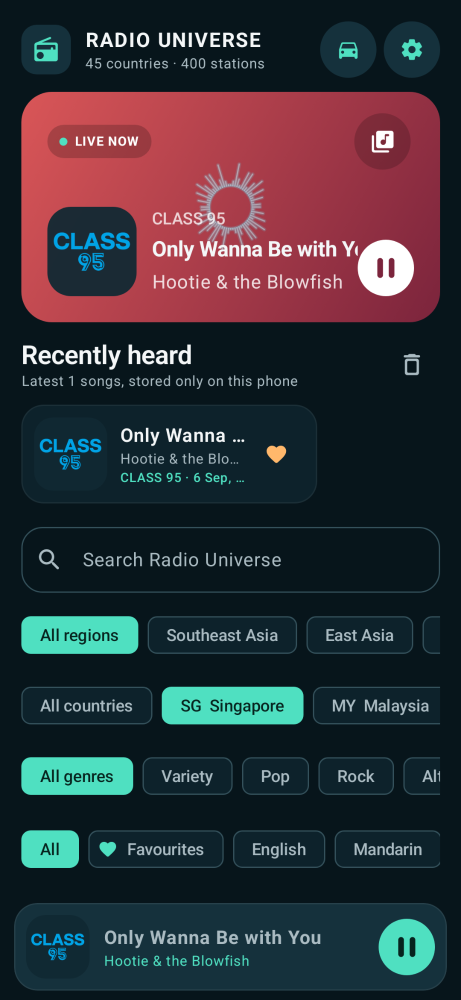 Radio Universe Standard View showing Class 95, song information, country and genre filters, and playback controls